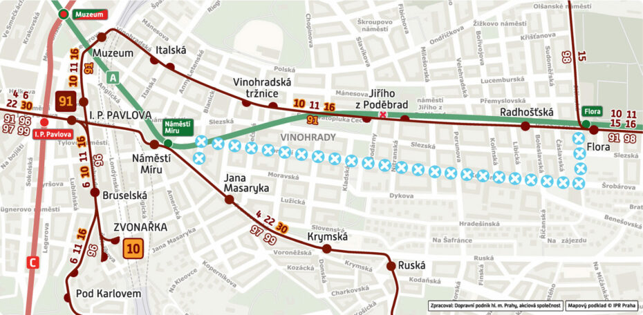 Mapa dopravního omezení MHD v úseku Flora - Náměstí Míru.