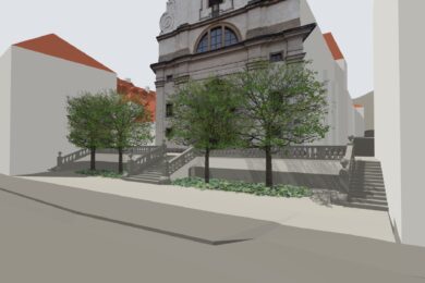 Vizualizace po rekonstrukci prostoru před kostelem Panny Marie Vítězné a svatého Antonína Paduánského (kostelem Pražského Jezulátka).