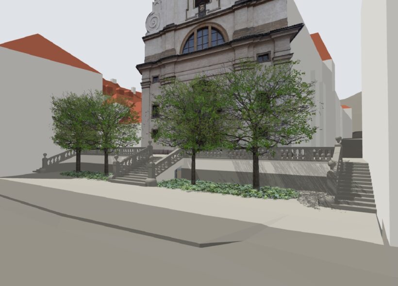 Vizualizace po rekonstrukci prostoru před kostelem Panny Marie Vítězné a svatého Antonína Paduánského (kostelem Pražského Jezulátka).