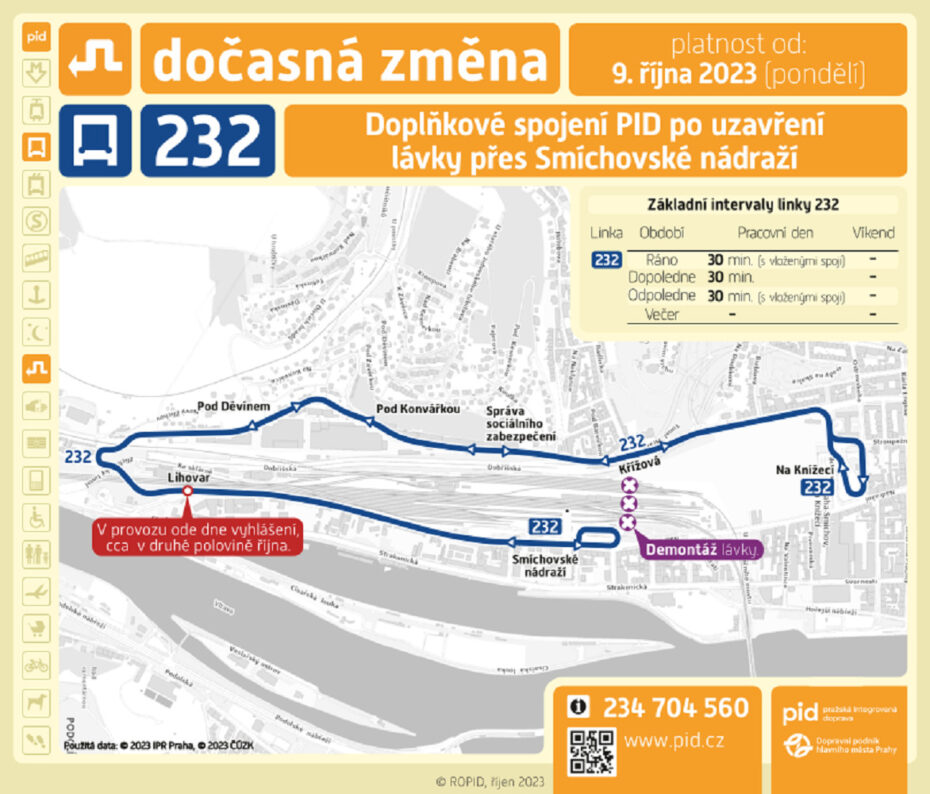 Dopravní podnik nasazuje po uzavření Smíchovské železniční lávky autobusovou linku 232.