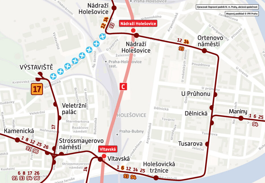 Schéma provozu během přerušení tramvajového provozu v úseku Výstaviště - Nádraží Holešovice.