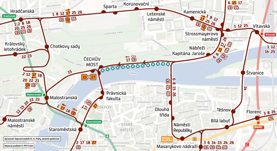 Schéma tramvajového provozu během uzavírky Nábřeží Edvarda Beneše.