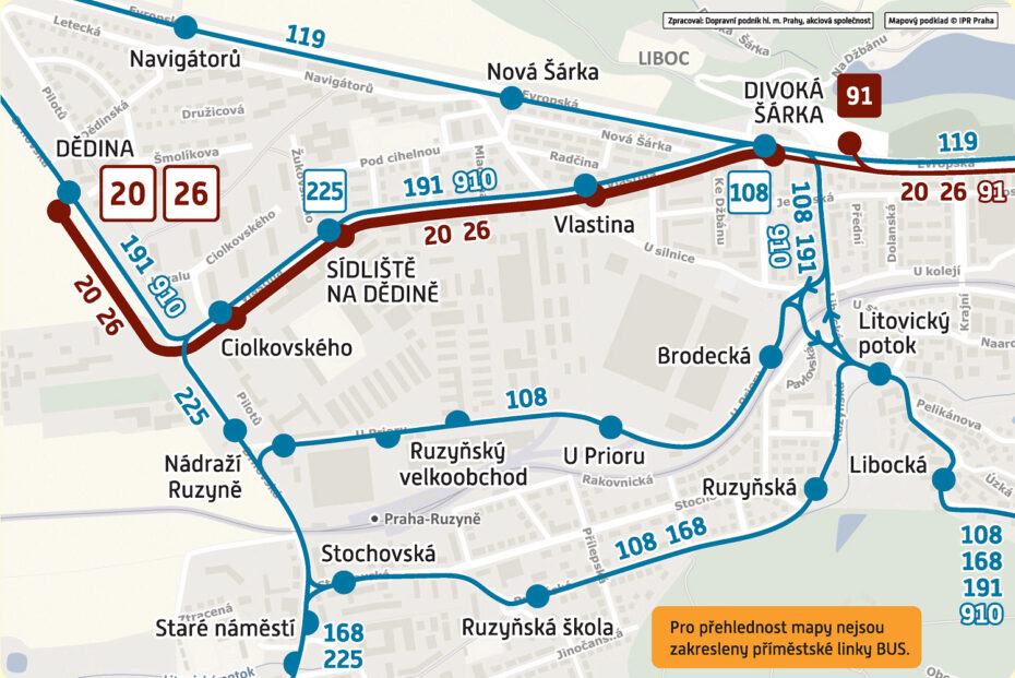Schéma hlavních změn PID po zahájení provozu na tramvajové trati Divoká Šárka-Ruzyně.