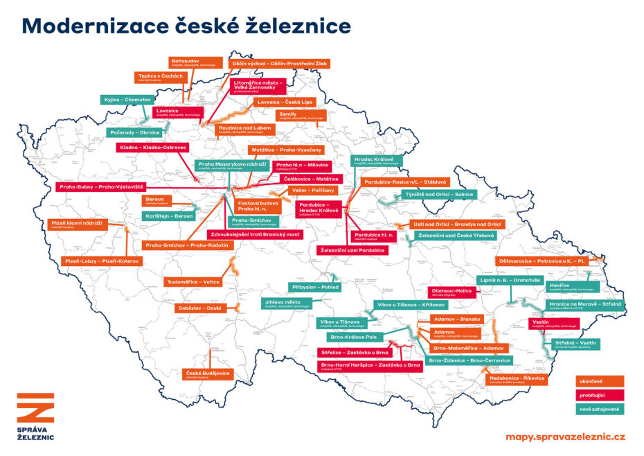 Mapa modernizace české železnice.