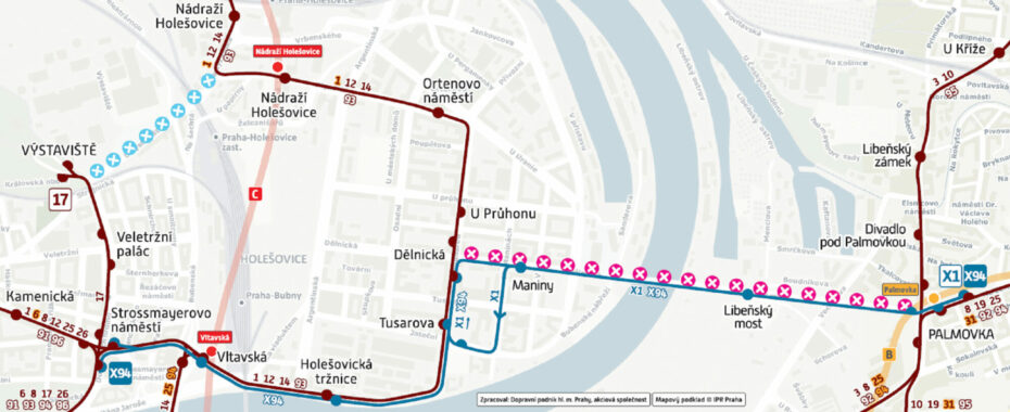 Mapka výluky tramvajové tratě v úseku Dělnická-Palmovka.
