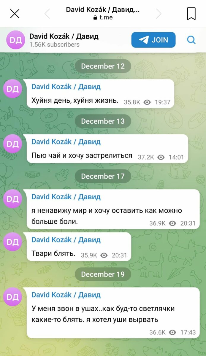 Kozákův deník ze sítě Telegram. Vrah zde popisuje své maniakální stavy. Připravuje se na vraždění. 