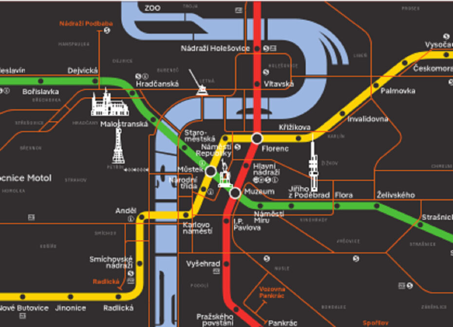Mapa pražského metra  v novém designu ve stanici Palmovka.