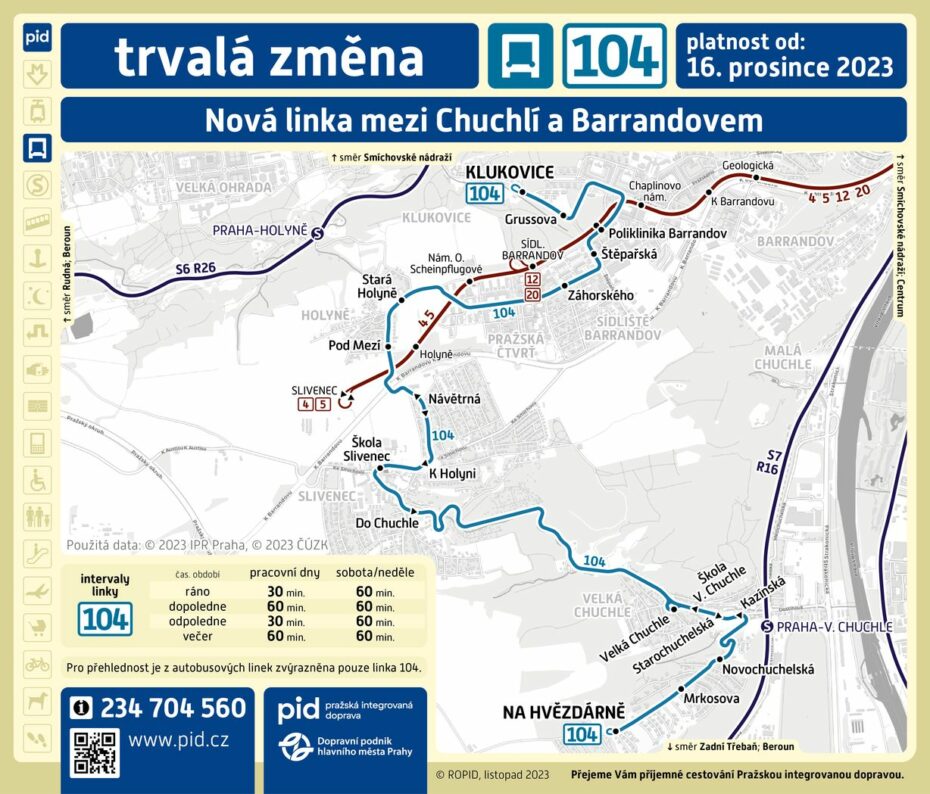Plánek trasy nové autobusové linky 104.