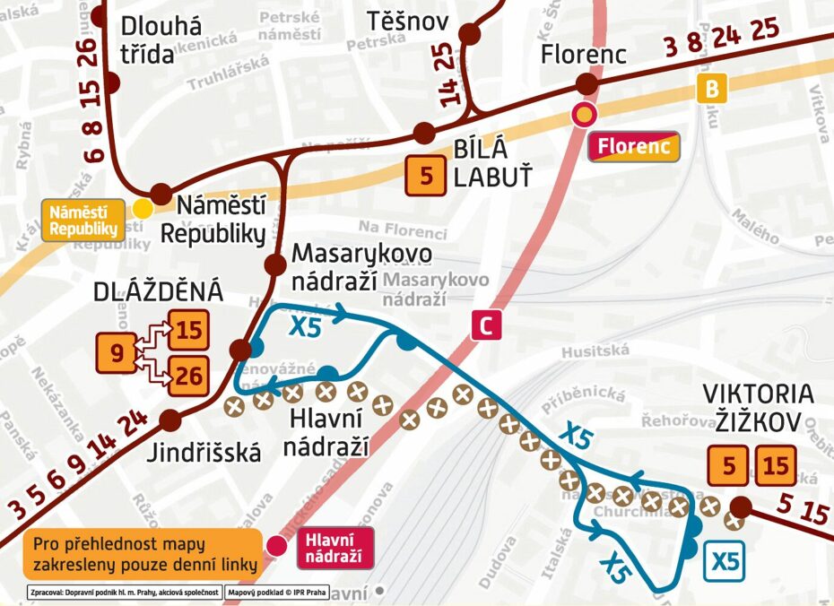 Schema tramvajové výluky Hlavní nádraží - Viktoria Žižkov.