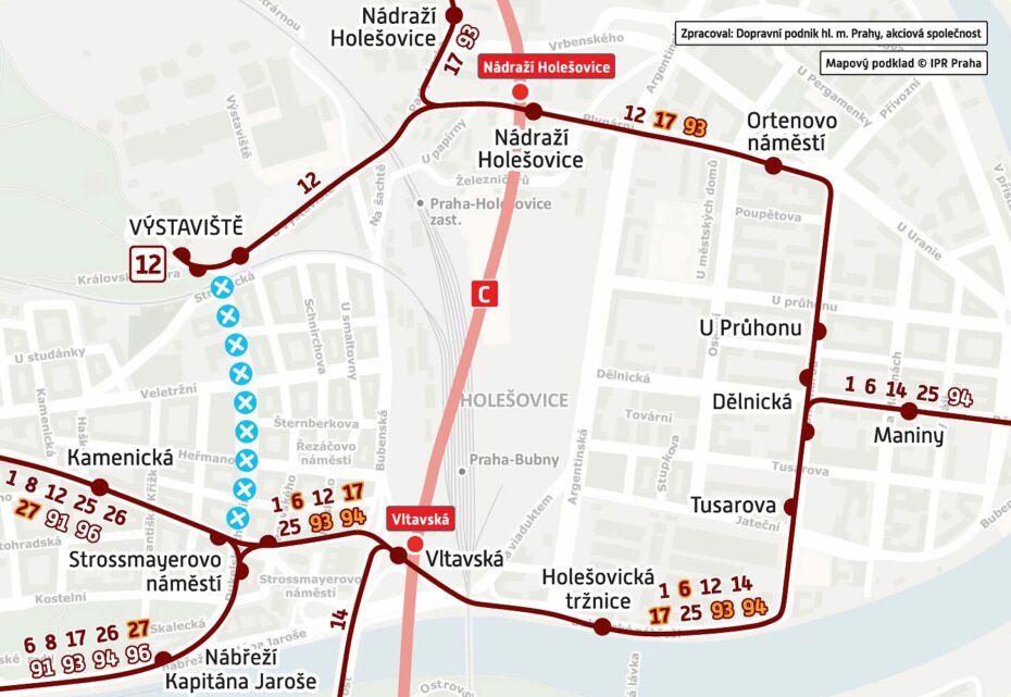 Schema provozu během opatření tramvajové výluky Strossmayerovo náměstí - Výstaviště.