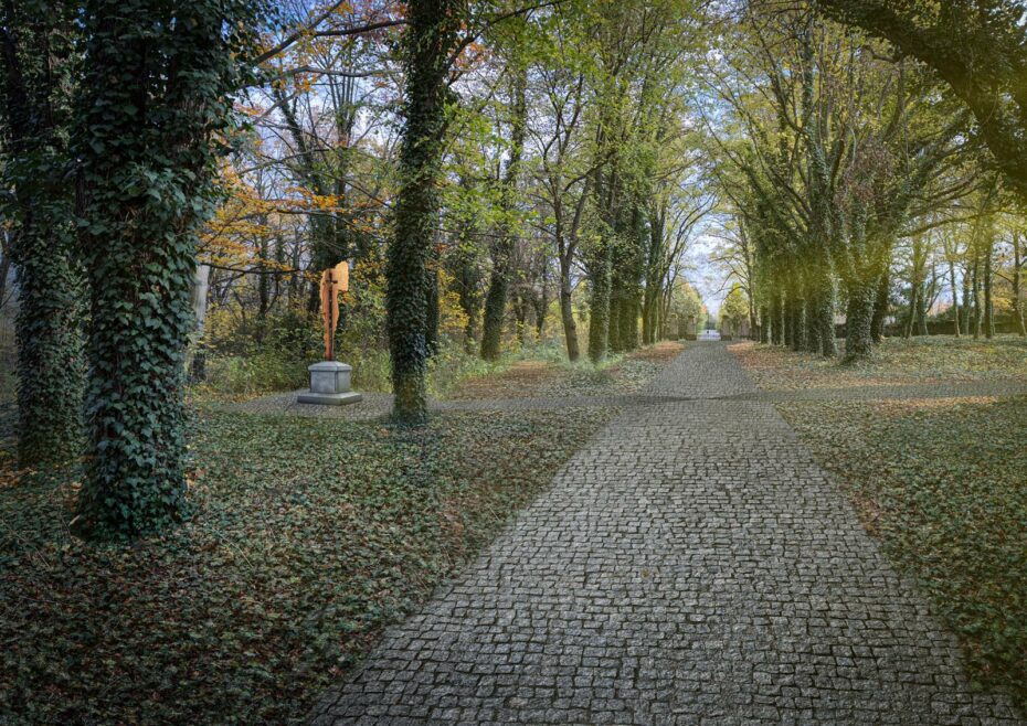 Aktuální podoba Bohnického hřbitova - po celé své ploše hustě zarostlý náletovou zelení, břečťanem pnoucím se po stromech, zemi i pozůstatcích hrobů, a letitými vysokými stromy.