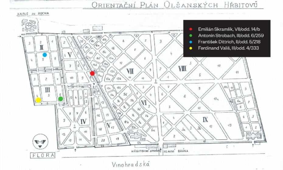 Mapa hrobů čtyř primátorů Prahy na Olšanských hřbitovech.