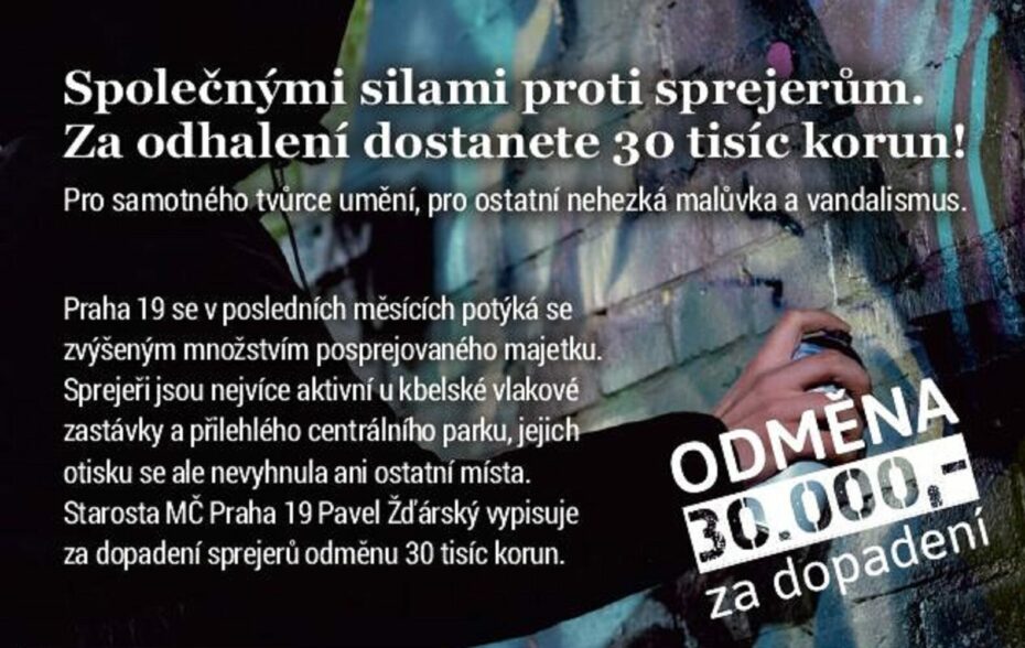 Plakát s oznámením o odměně za dopadení pachatelů-sprejerů.