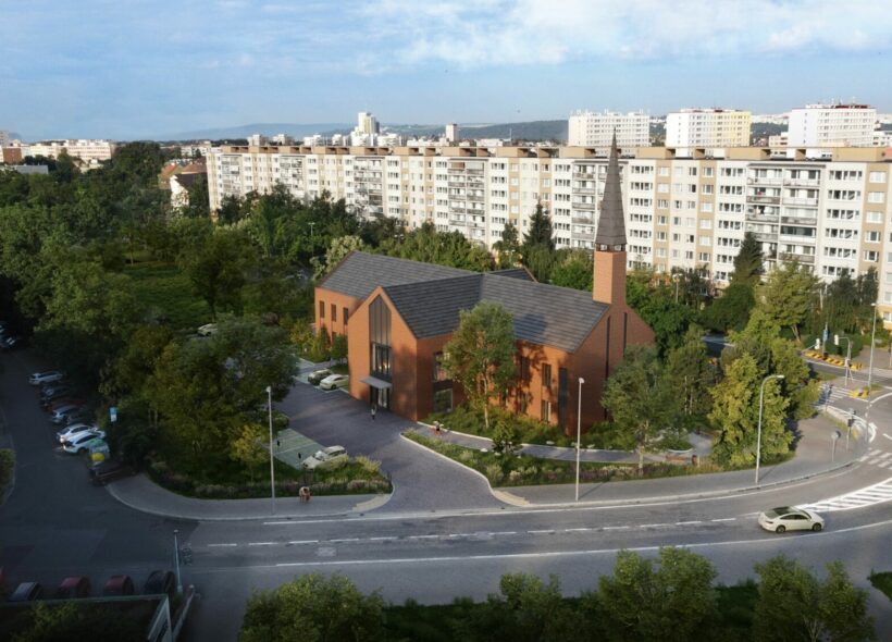 Vizualizace centra na pozemku mezi ulicemi Na Strži, Neveklovská a Jankovská.
