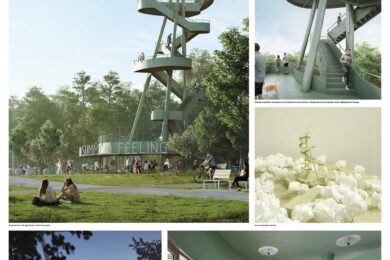 Vítězný návrh zahradní restaurace s vyhlídkovou věží v Malešickém parku v Praze 10.