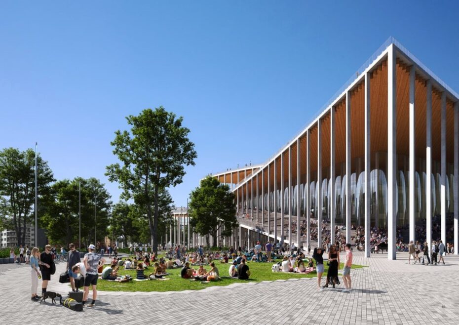 Náměstí před budovou Vltavské filharmonie.