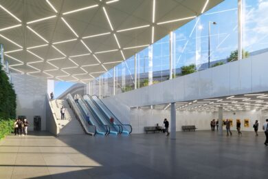 Vizualizace vestibulu železniční tratě Praha-Veleslavín - Letiště Václava Havla.