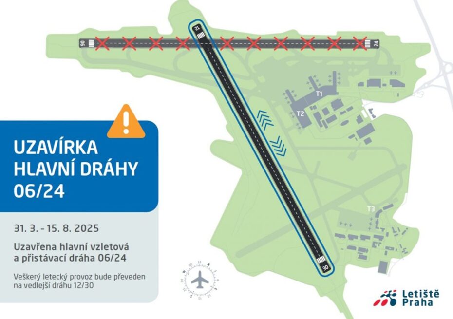 Uzavření hlavní letové dráhy 06/24 na Letišti Praha v Ruzyni. 
