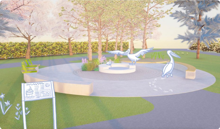 Vizualizace celého vodního prvku s žabákem a pelikány.