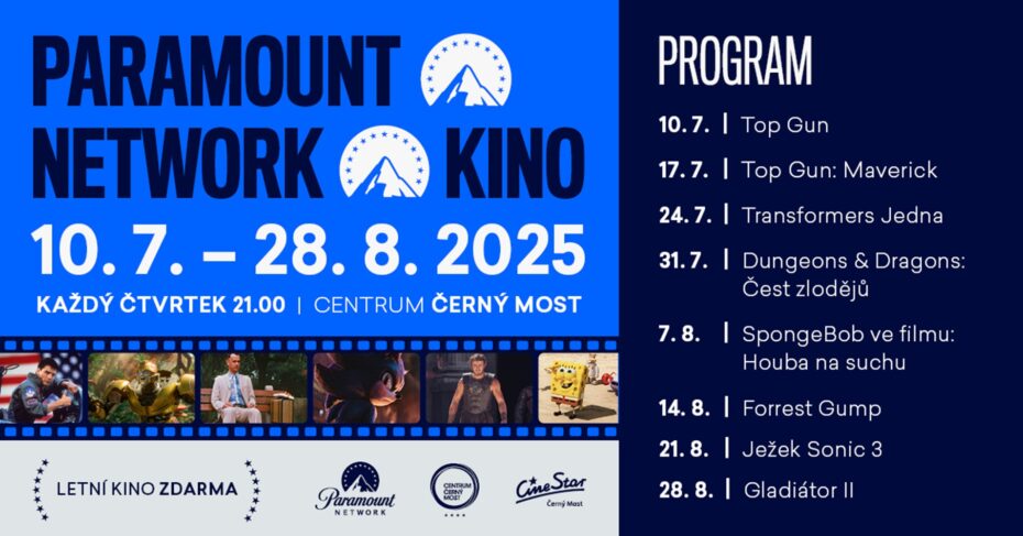Osm letních čtvrtků, oblíbené filmové trháky i novinky pro děti – to je letošní Paramount Network kino pod širým nebem u Centra Černý Most.