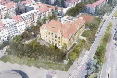 Vizualizace rekonstruované budovy ZŠ V Olšinách ve Strašnicích.