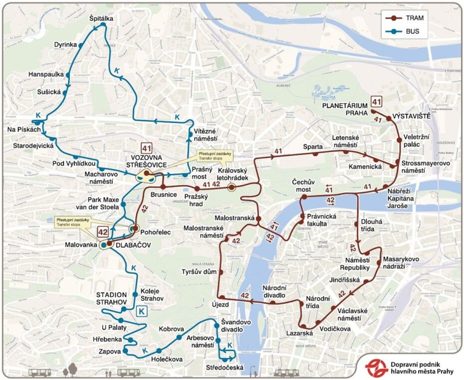 Mapka ukazující trasy historických linek - tramvají 41 a 42 a autobusu K.