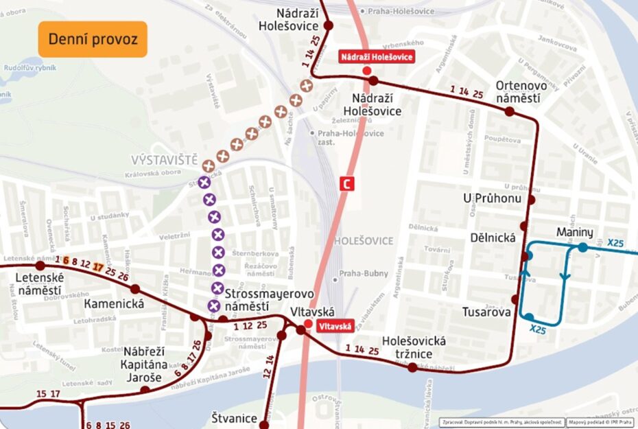 Schéma výluky tramvajových linek 6, 17 a 41 a autobusová linky 156 v Holešovicích.
