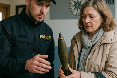Policista na služebně v Praze přebírá od ženy protitankovou střelu, kterou přinesla v rámci zbraňové amnestie. Pyrotechnik později potvrdil, že šlo o neaktivní munici. Policie varuje: s municí nemanipulujte, volejte 158. Ilustrační foto