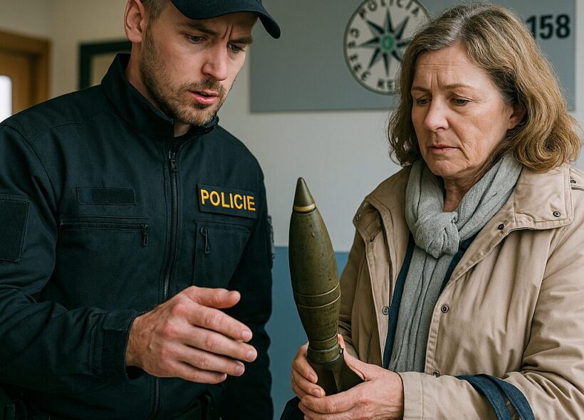 Policista na služebně v Praze přebírá od ženy protitankovou střelu, kterou přinesla v rámci zbraňové amnestie. Pyrotechnik později potvrdil, že šlo o neaktivní munici. Policie varuje: s municí nemanipulujte, volejte 158. Ilustrační foto