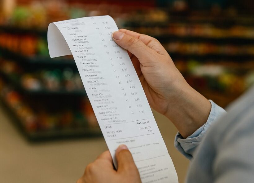 Zákazník kontroluje účtenku – ale skutečná cena potravin zůstává skrytá.  
V českých supermarketech se slevy staly marketingovým trikem, marže řetězců mizí v účetní mlze a výrobci bojují o přežití. Tato fotka zachycuje každodenní moment, který skrývá systémový problém: ceny potravin nejsou náhoda.