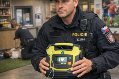 Policista z místního oddělení Modřany přináší defibrilátor do sportovního centra, kde právě probíhá boj o život muže. Rychlá reakce a profesionální zásah sehrály klíčovou roli v jeho záchraně.