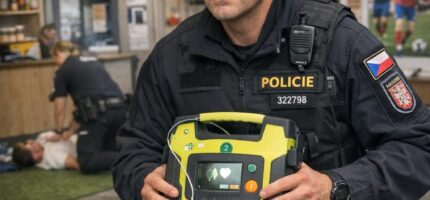 Policista z místního oddělení Modřany přináší defibrilátor do sportovního centra, kde právě probíhá boj o život muže. Rychlá reakce a profesionální zásah sehrály klíčovou roli v jeho záchraně.