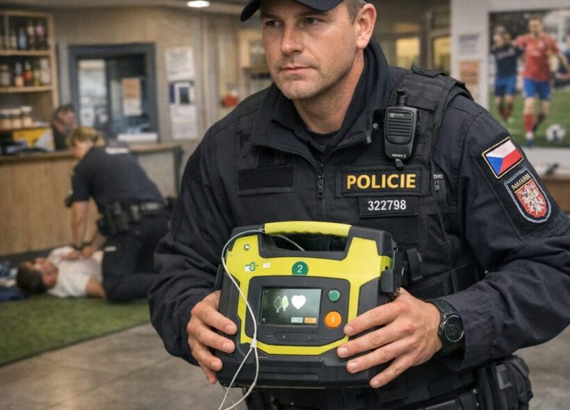 Policista z místního oddělení Modřany přináší defibrilátor do sportovního centra, kde právě probíhá boj o život muže. Rychlá reakce a profesionální zásah sehrály klíčovou roli v jeho záchraně.