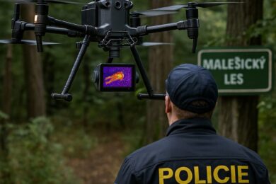 Policejní dron s termovizí během pátrací akce v Malešickém lese. Technologie pomohla najít pohřešovaného seniora včas.