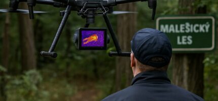 Policejní dron s termovizí během pátrací akce v Malešickém lese. Technologie pomohla najít pohřešovaného seniora včas.