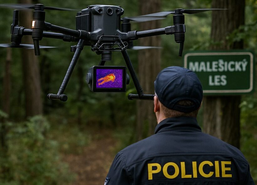 Policejní dron s termovizí během pátrací akce v Malešickém lese. Technologie pomohla najít pohřešovaného seniora včas.