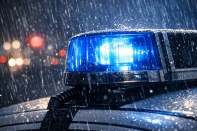 Detail policejního majáku v dešti symbolizuje zásah pražských kriminalistů, kteří pátrají po útočníkovi z Frýdlantské ulice.