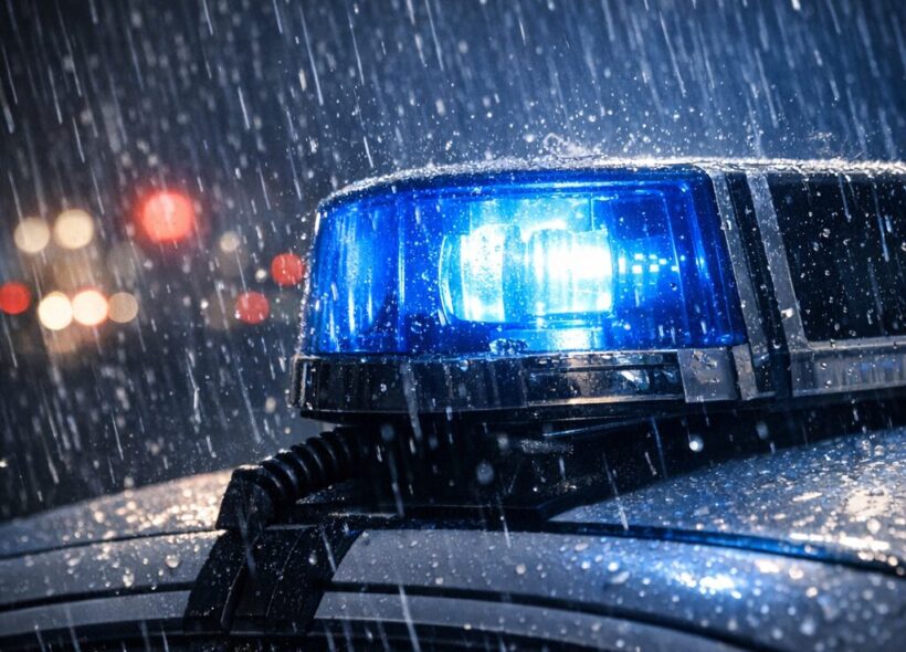Detail policejního majáku v dešti symbolizuje zásah pražských kriminalistů, kteří pátrají po útočníkovi z Frýdlantské ulice.