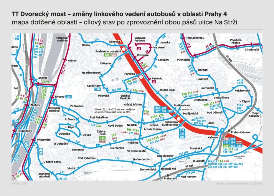 Mapa ukazuje nové vedení autobusových a tramvajových linek v oblasti Prahy 4 po otevření Dvoreckého mostu. Změny přinášejí rychlejší spojení mezi Podolím, Braníkem, Budějovickou a Smíchovem a nově propojují klíčové přestupní uzly v jižní části Prahy.