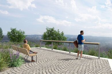 Architektonická vizualizace vyhlídkového místa v parku Dlážděnka, jednom z nejmalebnějších míst Prahy 8.