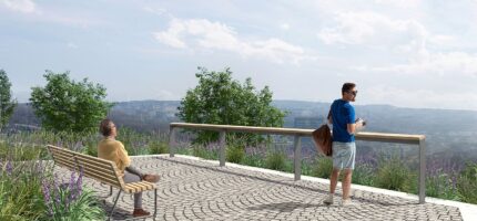 Architektonická vizualizace vyhlídkového místa v parku Dlážděnka, jednom z nejmalebnějších míst Prahy 8.