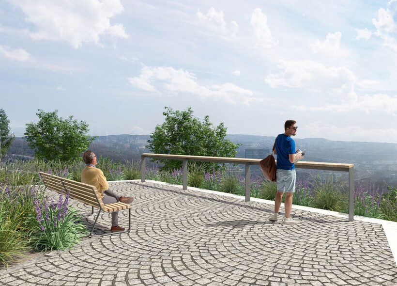 Architektonická vizualizace vyhlídkového místa v parku Dlážděnka, jednom z nejmalebnějších míst Prahy 8.