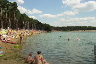 Letní atmosféra na Jezeru Lhota. Písečné pláže, čistá voda a borovicový les dělají z Lhoty jedno z nejvyhledávanějších koupání u Prahy.