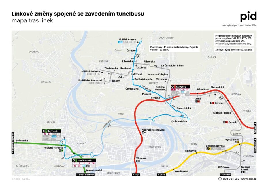 Mapa ukazuje nové vedení tunelbusu 145 a související změny linek v Praze 6, 7 a 8 po jeho zavedení.