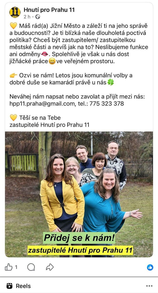 Ukázka nového trendu: místo stranických schůzí nábor na Facebooku. Hnutí pro Prahu 11 láká obyvatele Jižního Města přímo do kandidátky.  