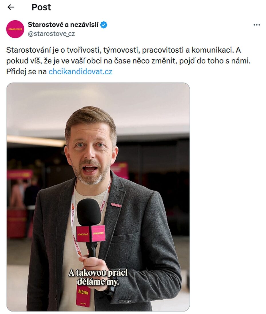 Náborový post Starostů a nezávislých na síti X. Vít Rakušan v něm popisuje, co obnáší práce starosty, a vyzývá zájemce, aby se přidali.