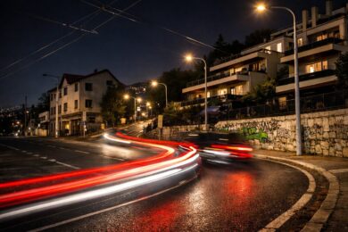 Noční ulice Na Hřebenkách. Obyvatelé si stěžují na hluk a rychlou jízdu, městská část žádá o úsekové měření.