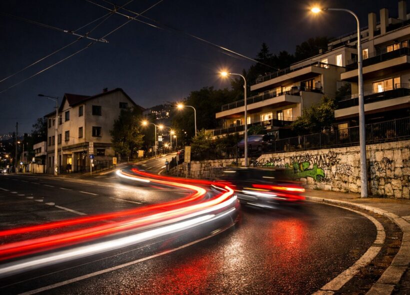 Noční ulice Na Hřebenkách. Obyvatelé si stěžují na hluk a rychlou jízdu, městská část žádá o úsekové měření.