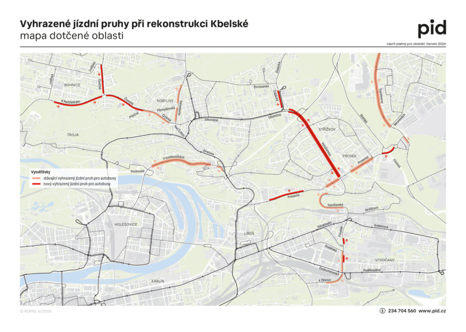 Mapa dočasných buspruhů, které mají během rekonstrukce Kbelské udržet v pohybu městskou dopravu.