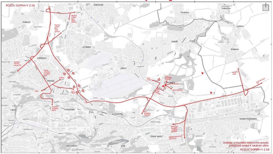 Mapa rozlivu dopravy z dálnice D8 ukazuje, jak se během rekonstrukce Kbelské přesměrují hlavní proudy vozidel do okolních městských částí.